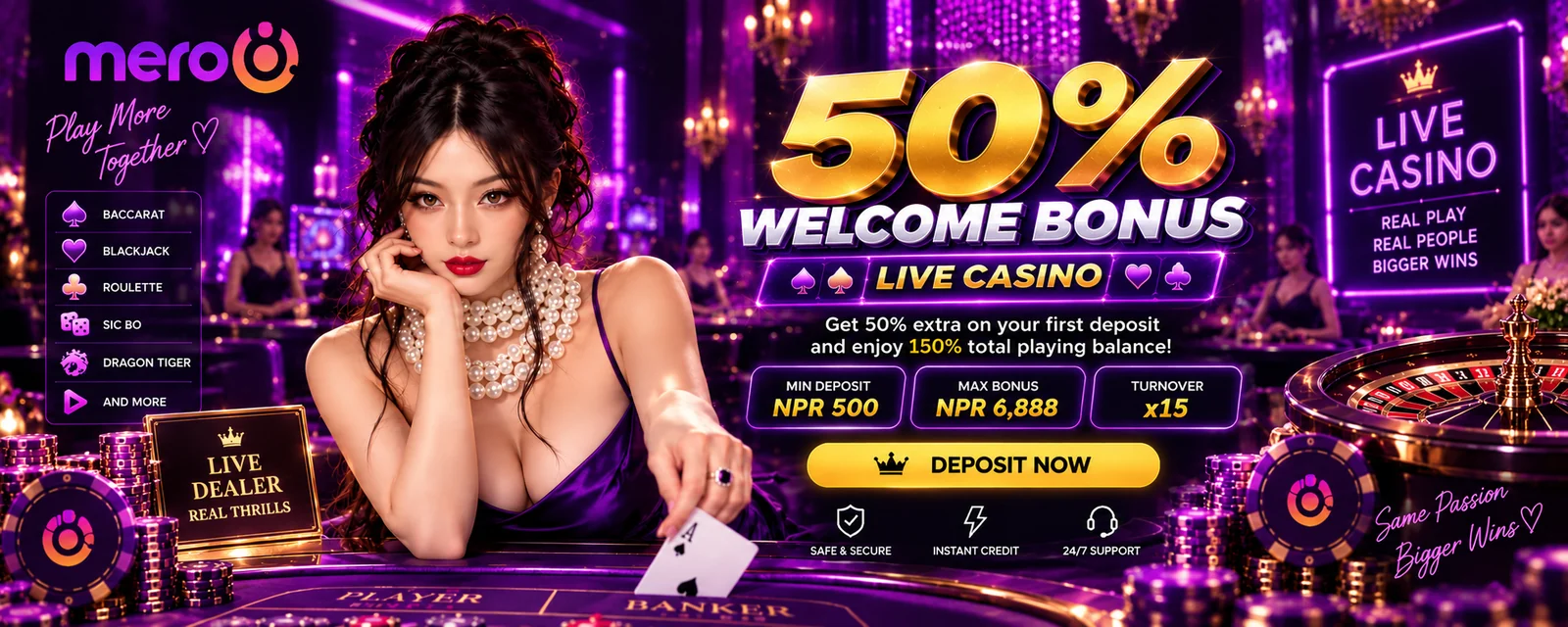 Mero8 live casino welcome bonus: 50% up to NPR 6,888 with 15x turnover